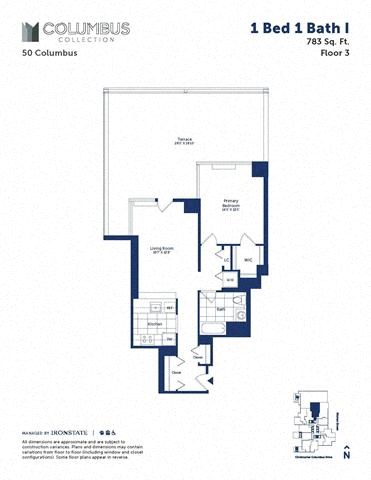 Floor plan for 1 bed, 1 bath, 783 sqft