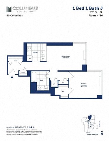 Floor plan for 1 bed, 1 bath, 783 sqft