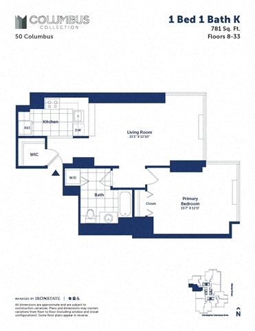 Floor plan for 1 bed, 1 bath, 781 sqft