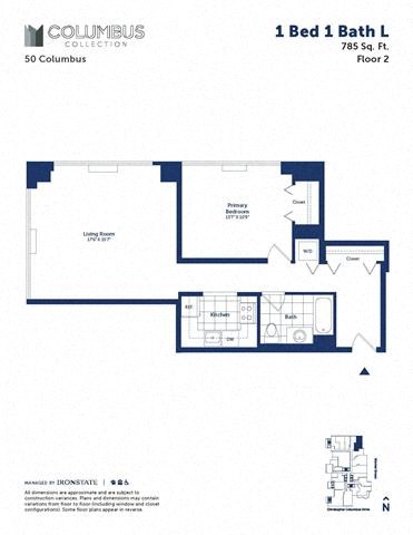 Floor plan for 1 bed, 1 bath, 785 sqft
