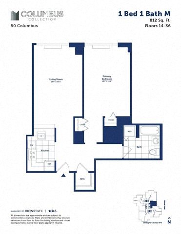 Floor plan for 1 bed, 1 bath, 812 sqft