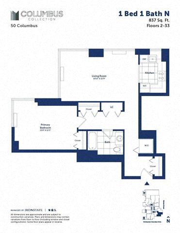 Floor plan for 1 bed, 1 bath, 837 sqft