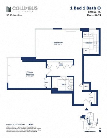 Floor plan for 1 bed, 1 bath, 840 sqft