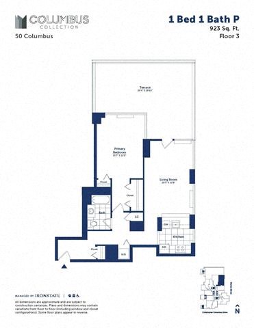 Floor plan for 1 bed, 1 bath, 923 sqft