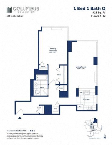 Floor plan for 1 bed, 1 bath, 923 sqft