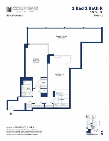 Floor plan for 1 bed, 1 bath, 932 sqft