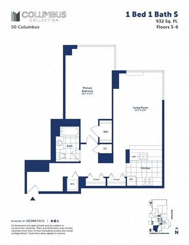 Floor plan for 1 bed, 1 bath, 932 sqft