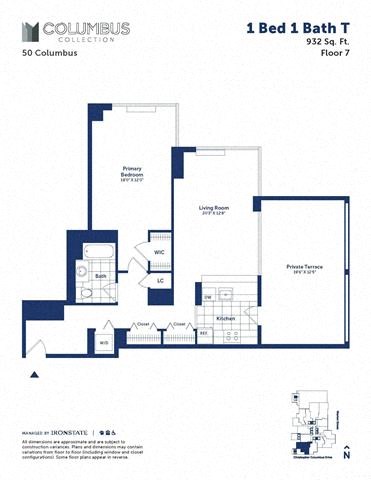 Floor plan for 1 bed, 1 bath, 932 sqft