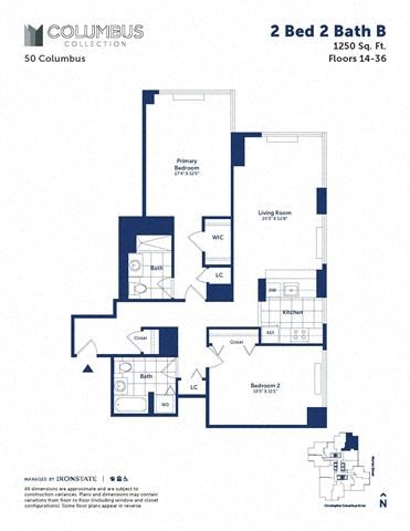 Floor plan for 2 beds, 2 baths, 1250 sqft