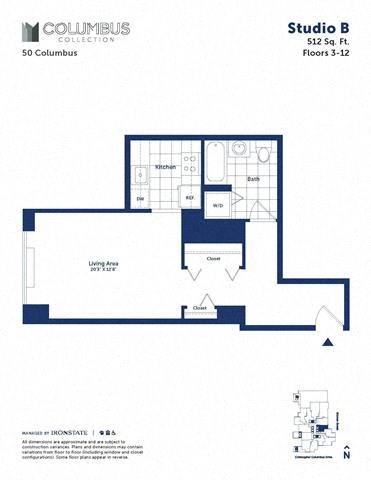 Floor plan for studio, 1 bath, 512 sqft