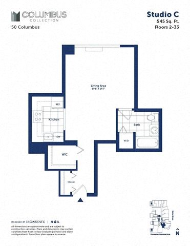 Floor plan for studio, 1 bath, 545 sqft