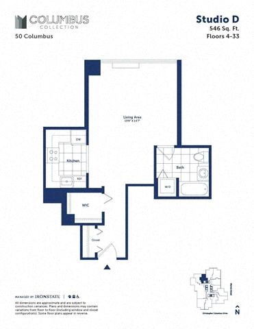 Floor plan for studio, 1 bath, 546 sqft