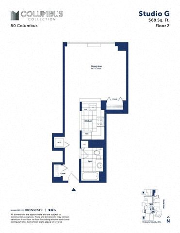 Floor plan for studio, 1 bath, 568 sqft