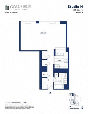 Floor plan for studio, 1 bath, 588 sqft