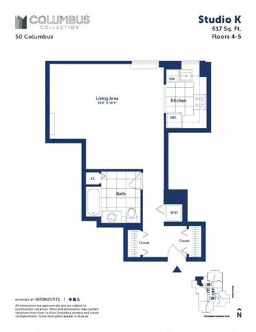 Floor plan for studio, 1 bath, 617 sqft