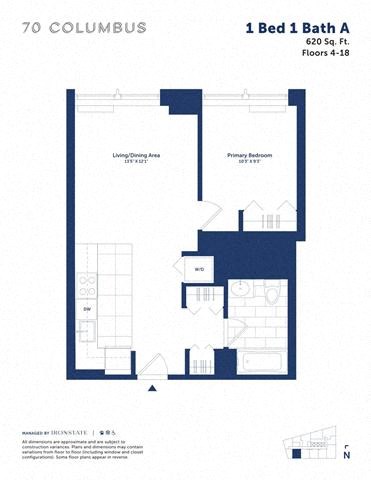Floor plan for 1 bed, 1 bath, 620 sqft