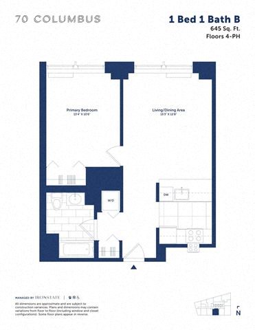 Floor plan for 1 bed, 1 bath, 645 sqft