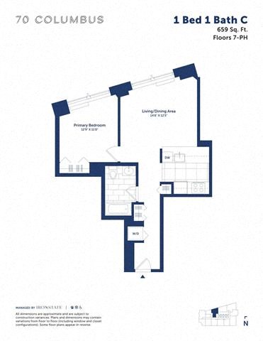 Floor plan for 1 bed, 1 bath, 659 sqft