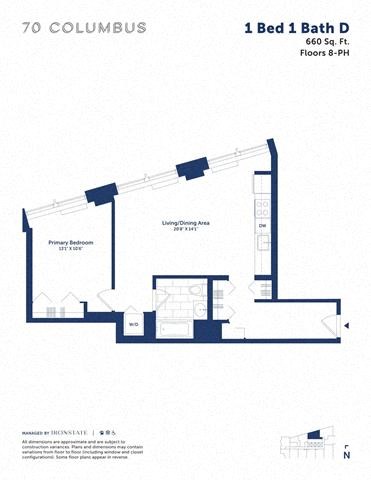 Floor plan for 1 bed, 1 bath, 660 sqft