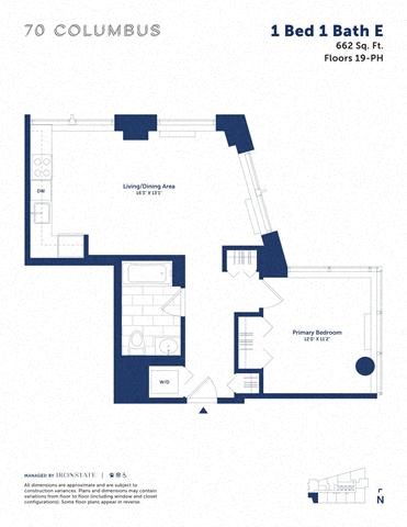 Floor plan for 1 bed, 1 bath, 662 sqft