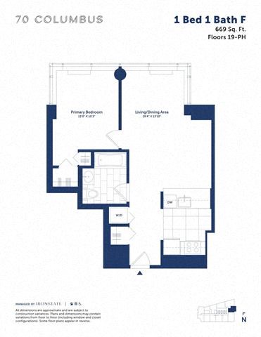 Floor plan for 1 bed, 1 bath, 669 sqft