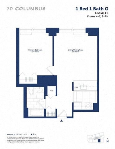 Floor plan for 1 bed, 1 bath, 672 sqft