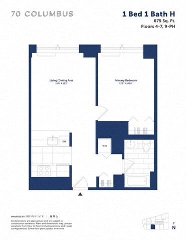 Floor plan for 1 bed, 1 bath, 675 sqft