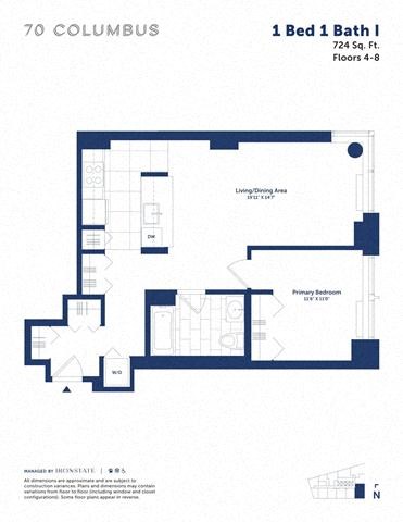 Floor plan for 1 bed, 1 bath, 724 sqft