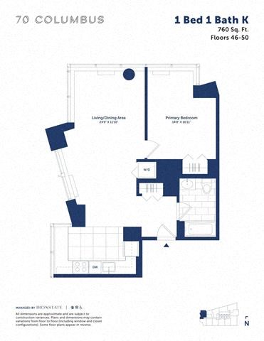 Floor plan for 1 bed, 1 bath, 760 sqft