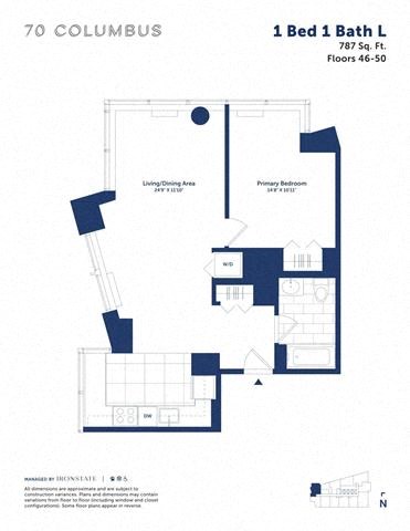 Floor plan for 1 bed, 1 bath, 787 sqft