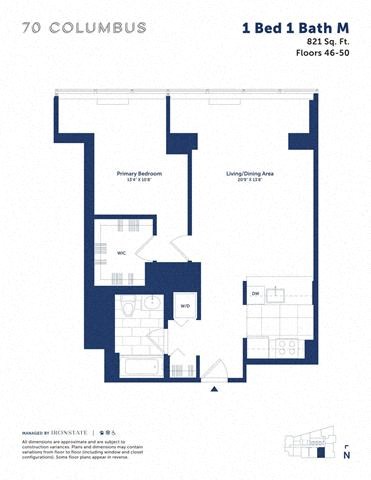 Floor plan for 1 bed, 1 bath, 821 sqft