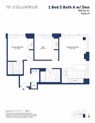 Floor plan for 1 bed, 2 baths, 905 sqft