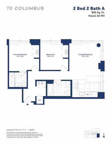 Floor plan for 2 beds, 2 baths, 905 sqft