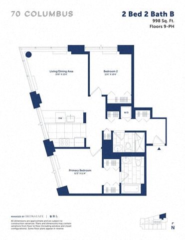 Floor plan for 2 beds, 2 baths, 998 sqft