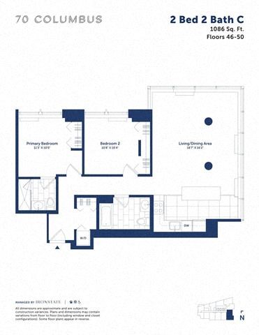 Floor plan for 2 beds, 2 baths, 1086 sqft