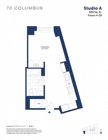 Floor plan for studio, 1 bath, 409 sqft