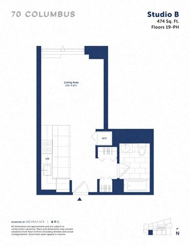 Floor plan for studio, 1 bath, 474 sqft