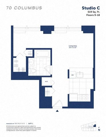 Floor plan for studio, 1 bath, 519 sqft