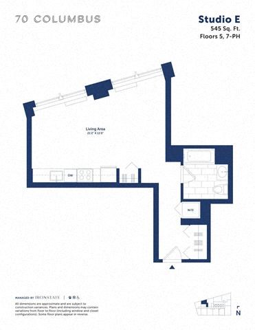 Floor plan for studio, 1 bath, 545 sqft
