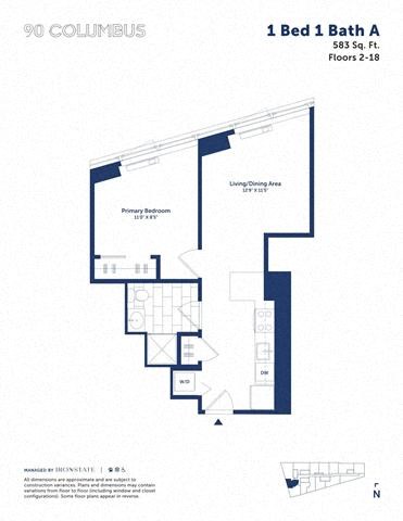Floor plan for 1 bed, 1 bath, 583 sqft