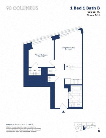 Floor plan for 1 bed, 1 bath, 626 sqft
