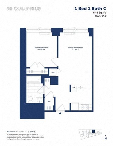 Floor plan for 1 bed, 1 bath, 648 sqft