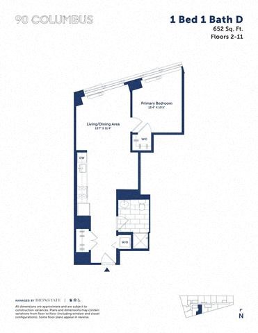 Floor plan for 1 bed, 1 bath, 652 sqft