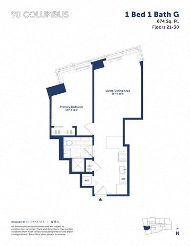 Floor plan for 1 bed, 1 bath, 674 sqft