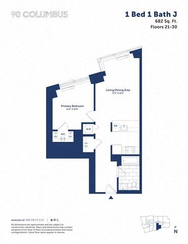 Floor plan for 1 bed, 1 bath, 680 sqft