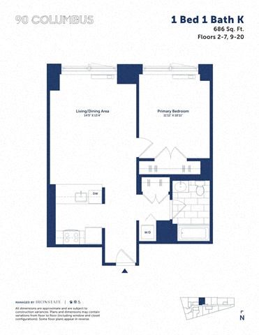 Floor plan for 1 bed, 1 bath, 686 sqft