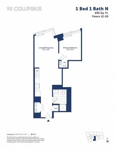 Floor plan for 1 bed, 1 bath, 692 sqft