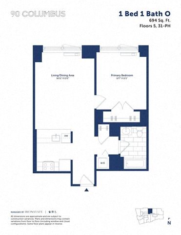 Floor plan for 1 bed, 1 bath, 694 sqft