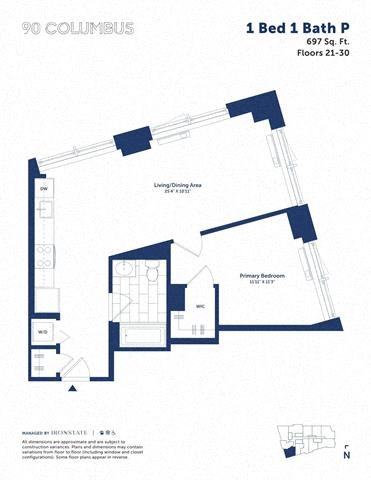 Floor plan for 1 bed, 1 bath, 697 sqft