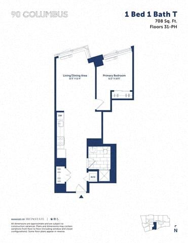 Floor plan for 1 bed, 1 bath, 708 sqft